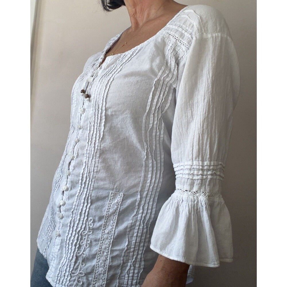 Giocam White Pale Blue Boho Peasant Blouse Hippie Relaxed Top Size Large - Picture 2 of 7